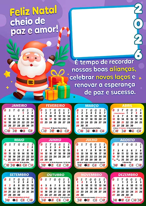 Calendário 2026 Papai Noel Cheio de Amor Arte Digital