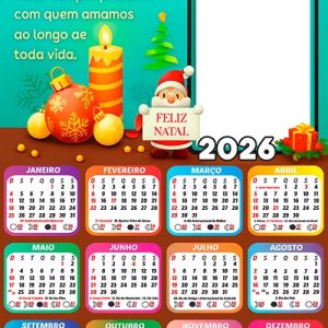Calendário 2026 Papai Noel Enfeites Arte Digital PNG