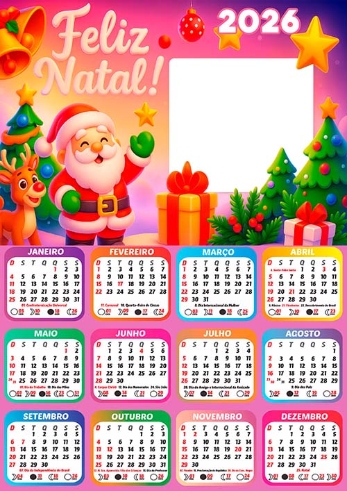 Calendário 2026 Papai Noel Estrela de Natal Arte Digital