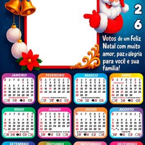 Calendário 2026 Papai Noel Feliz Foto Moldura Arte Digital
