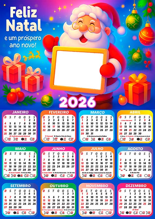 Calendário 2026 Papai Noel Moldura de Foto Arte Digital