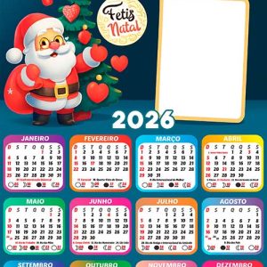 Calendário 2026 Papai Noel com Corações Arte Digital