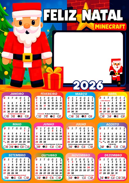 Calendário 2026 Papai Noel do Minecraft Arte Digital