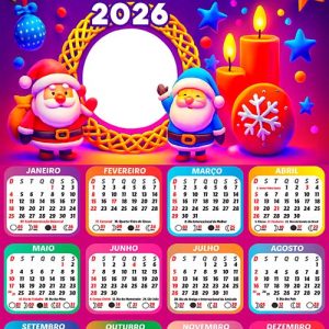 Calendário 2026 Papai Noel e Velas de Natal Arte Digital