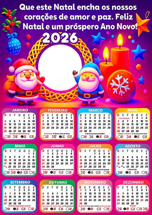 Calendário 2026 Papai Noel e Velas de Natal Arte Digital