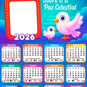 Calendário 2026 Paz Celestial Infantil Natal Arte Digital PNG