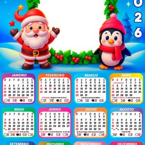 Calendário 2026 Pinguinho e Papai Noel Arte Digital