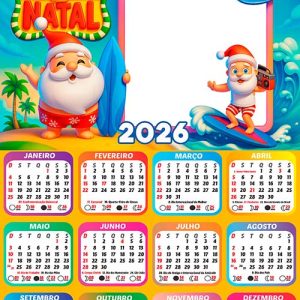 Calendário 2026 Surf Papai Noel Arte Digital PNG