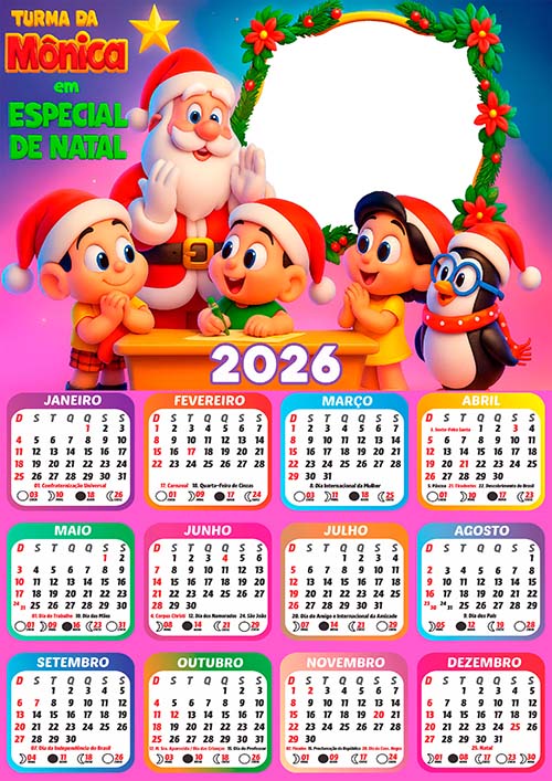 Calendário 2026 Turma da Mônica Papai Noel Arte Digital