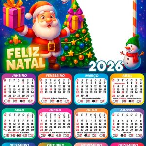 Calendário 2026 com Frase de Gratidão Papai Noel Arte Digital