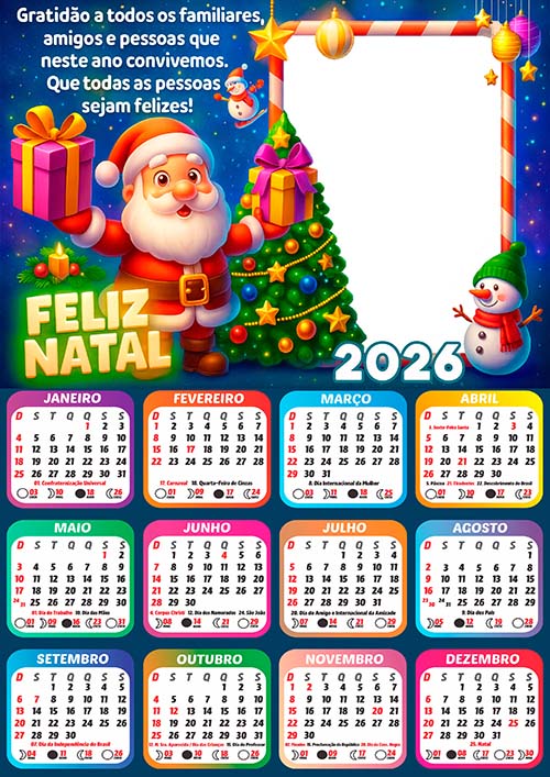 Calendário 2026 com Frase de Gratidão Papai Noel Arte Digital