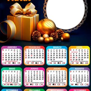 Calendário 2026 Dourado de Feliz Natal Presentes Arte Digital