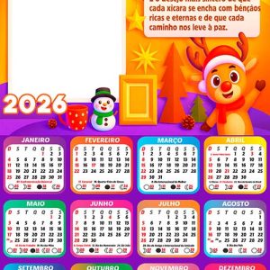 Calendário 2026 Natal com Rena do Papai Noel Arte Digital
