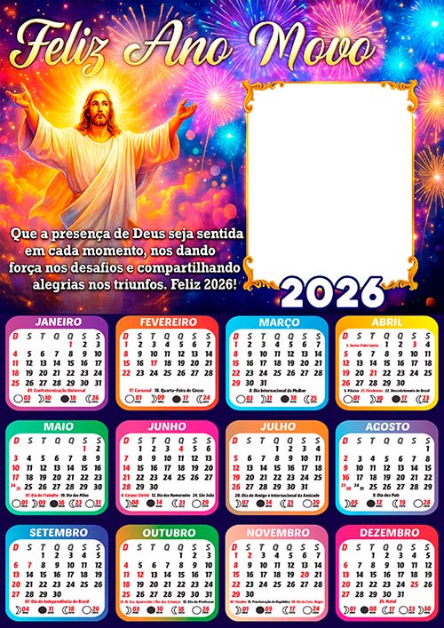 Calendário 2026 Ano Novo Jesus Cristo Arte Digital PNG