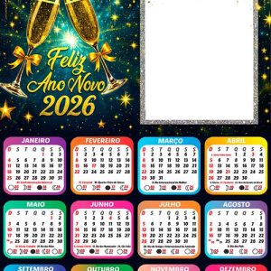 Calendário 2026 Balões Feliz Ano Novo Arte Digital PNG