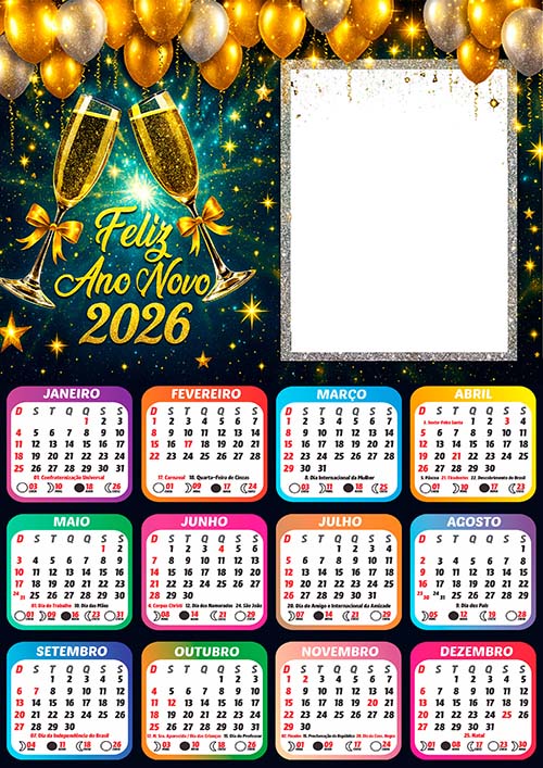 Calendário 2026 Balões Feliz Ano Novo Arte Digital PNG