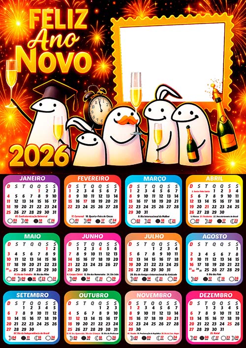 Calendário 2026 Bentô Réveillon Arte Digital PNG