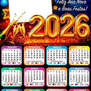 Calendário 2026 Boas Festas Feliz Ano Novo Arte Digital PNG