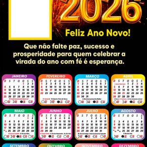 Calendário 2026 Celebrar a Virada do Ano Arte Digital PNG