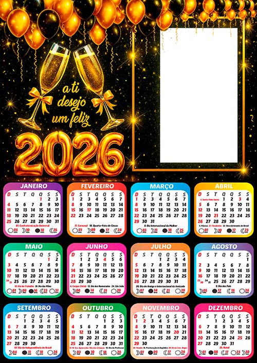 Calendário 2026 Desejando um Feliz Ano Novo Arte Digital