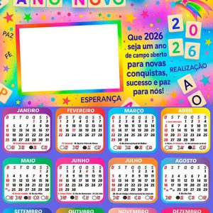 Calendário 2026 Feliz Ano Novo Colorido Arte Digital PNG
