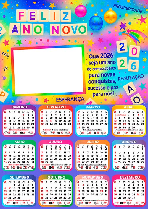 Calendário 2026 Feliz Ano Novo Colorido Arte Digital PNG