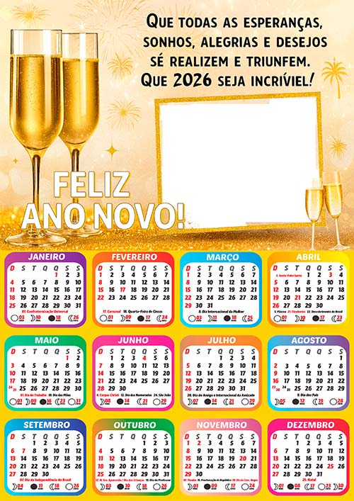 Calendário 2026 Feliz Ano Novo com Frase Arte Digital PNG