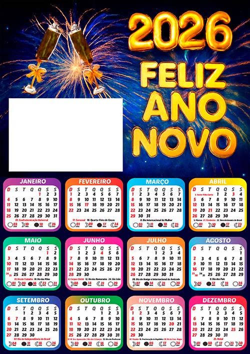 Calendário 2026 Festivo de Ano Novo Arte Digital PNG