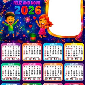 Calendário 2026 Fogos e Crianças Ano Novo Arte Digital PNG