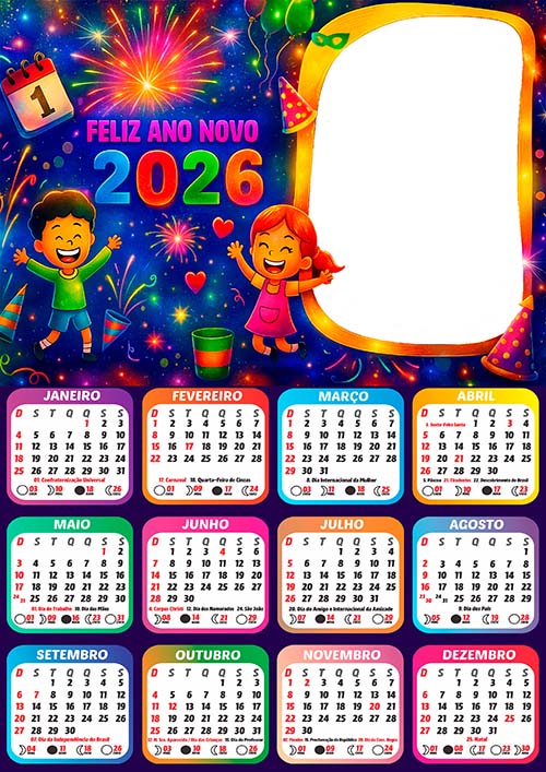 Calendário 2026 Fogos e Crianças Ano Novo Arte Digital PNG