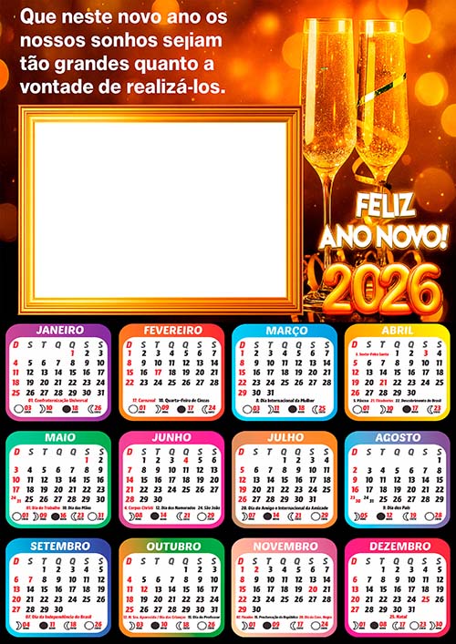 Calendário 2026 Fotos de Fim de Ano Família Arte Digital PNG
