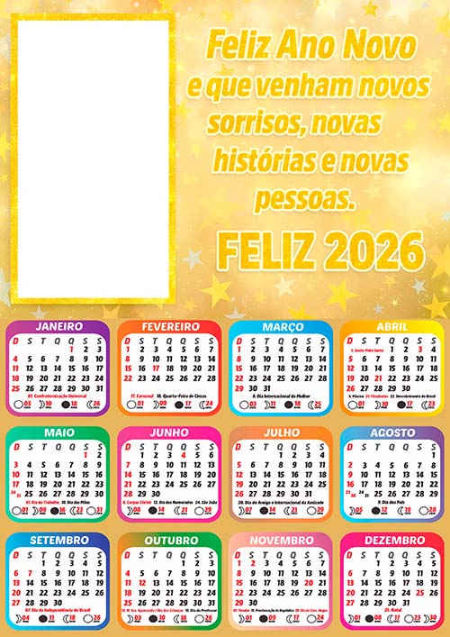 Calendário 2026 Novos Sorrisos Feliz Ano Novo Arte Digital