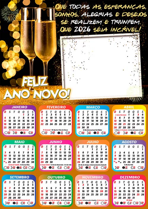 Calendário 2026 Réveillon Íncrivel Arte Digital PNG Ano Novo