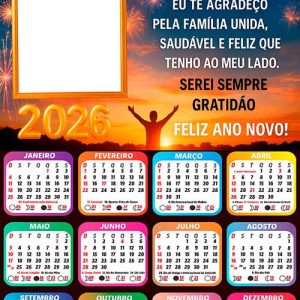 Calendário 2026 Sempre Grato Feliz Ano Novo Arte Digital