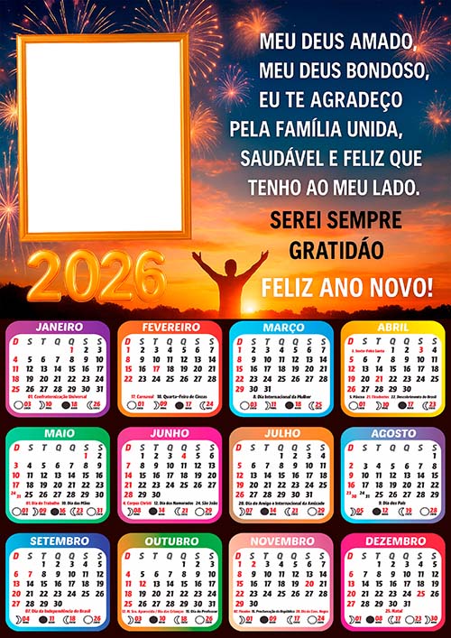 Calendário 2026 Sempre Grato Feliz Ano Novo Arte Digital