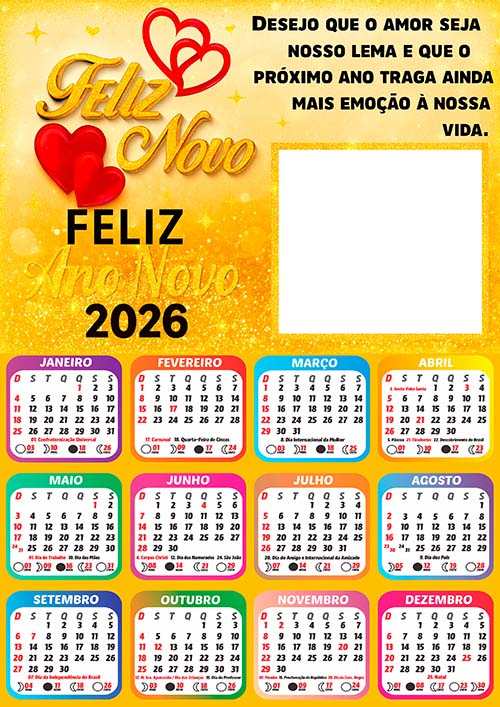 Calendário 2026 para Casais Feliz Ano Novo Arte Digital PNG