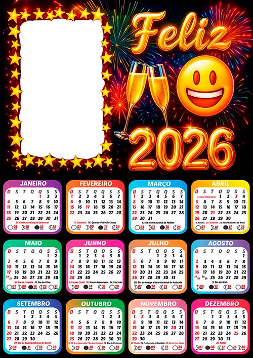Calendário 2026 para Foto Feliz 2026 Ano Novo Arte Digital