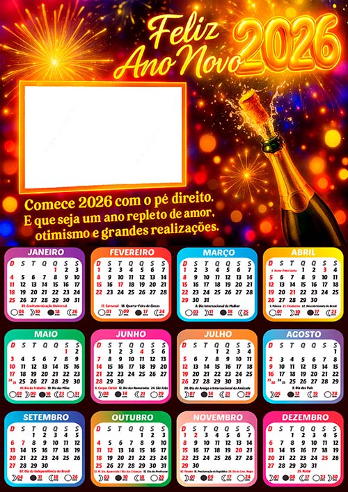 Calendário Feliz Ano Novo 2026 com Foto Arte Digital PNG