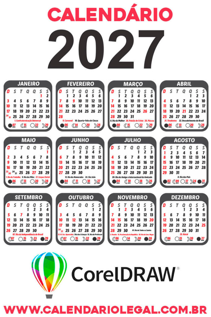 Calendário 2027 com Feriados em CDR Vetor Preto - CalendárioLegal