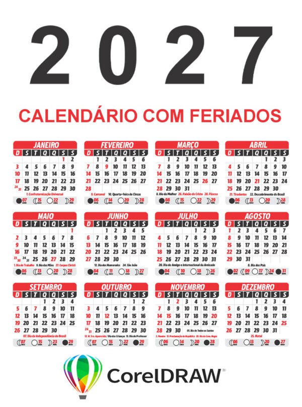Grade Calendário 2027 CDR para Imprimir 100% Editável em Vetor ...
