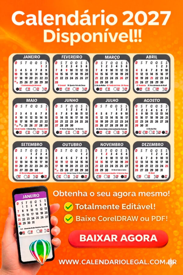 Calendário 2027 com Feriados em CDR Vetor Preto - CalendárioLegal