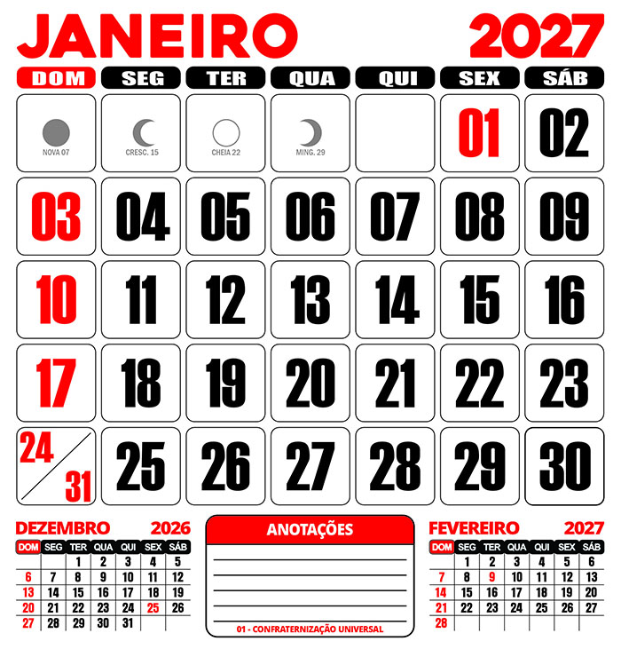 Calendário 2027 de Parede Folhinha CDR Editar e Imprimir - Imagem 2
