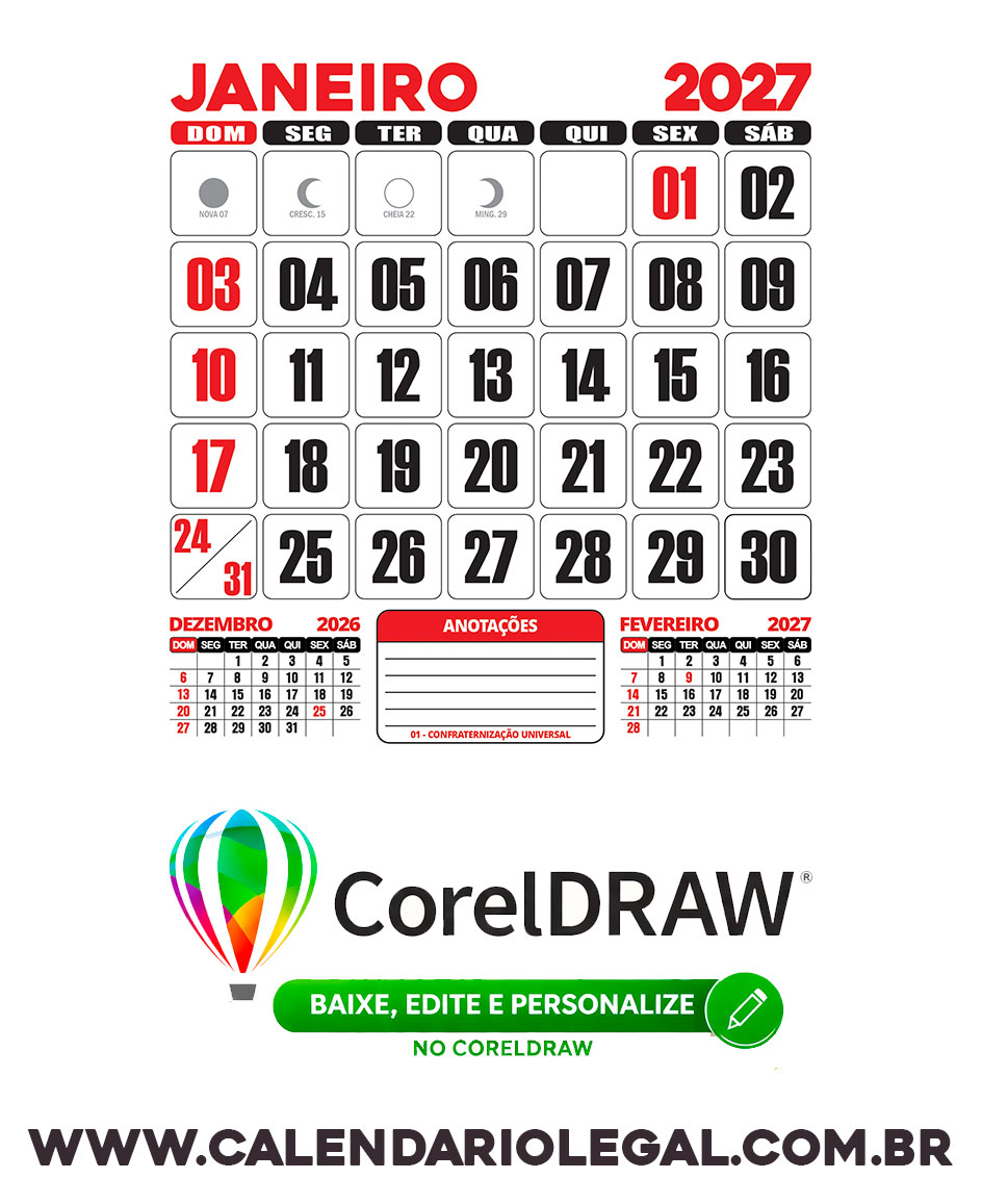 Calendário 2027 de Parede Folhinha CDR Editar e Imprimir