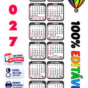Calendário 2027 Preto Vertical Vetor CDR 2 x 6 para Editar