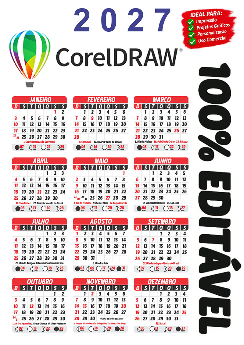 Calendário 2027 de Bolso com Feriados Arquivo Digital